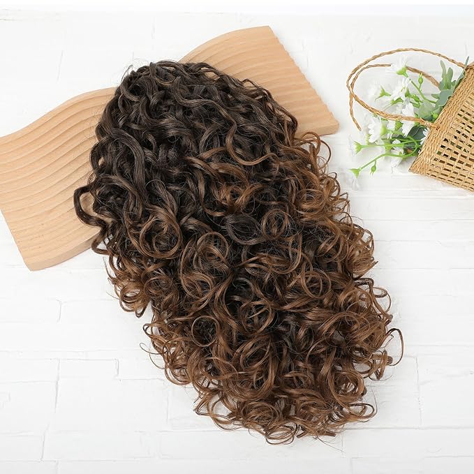 Flufymooz 100％ Pure Protein Ponytail Extension, 18 Inch Curly Claw Clip Ponytail Hair Extensions Natural Soft pony tail hairpiece for women-Dark Almond Brown with Copper