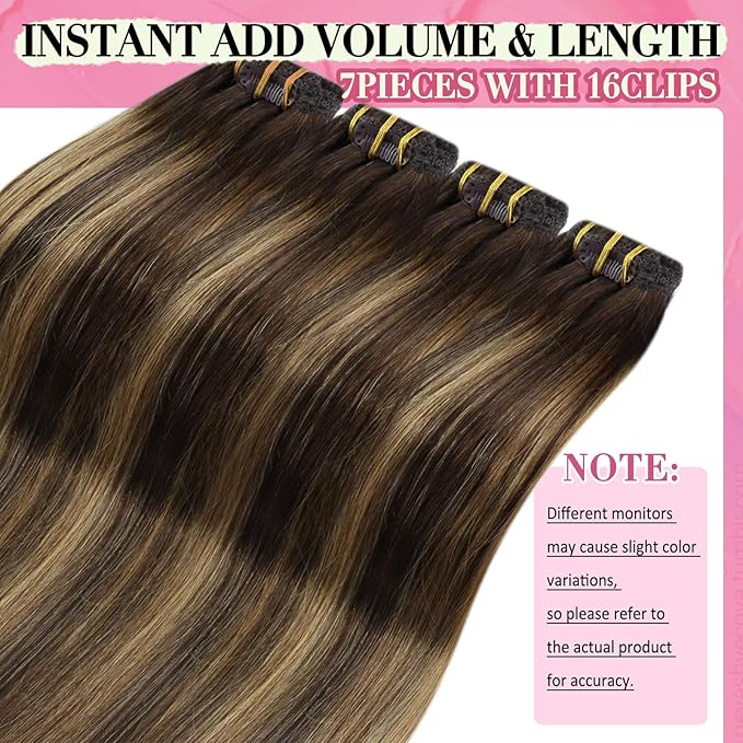 YoungSee Clip in Hair Extensions Real Human Hair Balayage Brown Hair Extensions Clip ins Balayage Chocolate Brown Mix Caramel Blonde Clip on Hair Extension Human Hair Silky Straight 120G 18Inch
