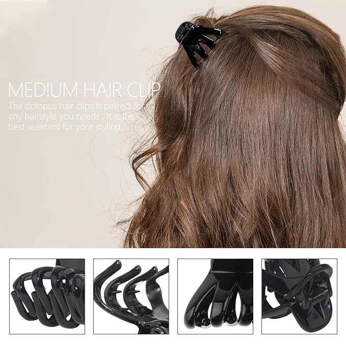 9 pcs 4cm Clear Octopus Claw Clips Medium Small Strong Grip Plastic Hair Clips for Women and Girls White Thin to Thick Hair, Holder Small Pony or Half Bun.