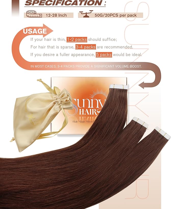 Sunny Hair Tape in Hair Extensions Real Human Hair Invisible Remy Hair Extensions Tape ins for Women Auburn Brown 18 inch 20Pcs 50G