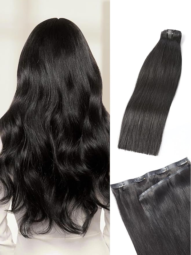 LUVME Straight Seamless 70g 4Pcs Clip in Hair Extensions Full Max with 20inch Remy Human Hair Clip ins Extensions, Natural Black 100% Real Soft Hair
