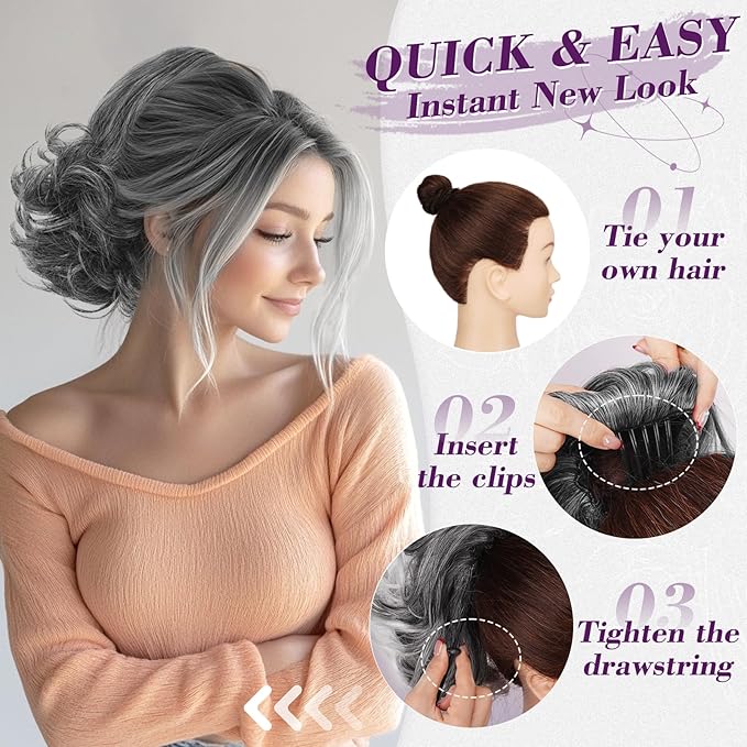 BARSDAR Short Gray Ponytail Extension - 10 Inch Loose Curly Wavy Drawstring Comb Clip Pony Tails Hairpieces for Women, Synthetic Clip in Ponytail Hair Extensions Daily - Silver Grey