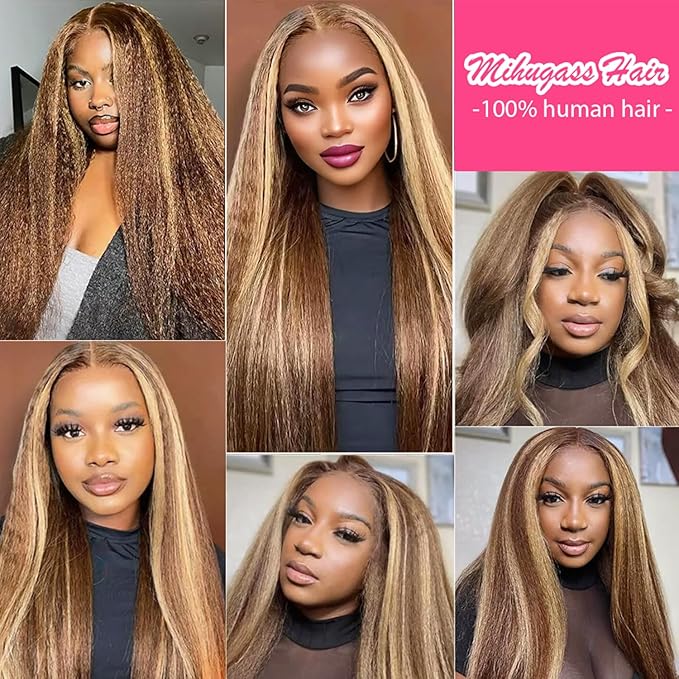 Kinky Straight Clip in Hair Extensions Real Human Highlight Clip ins For Women Unprocessed Clip on Hair Extensions(20inch,#4/27/4)