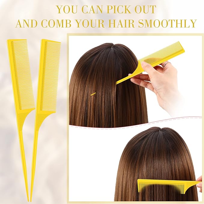 2 Pack Rat Tail Combs for Women Fine Tooth Comb Parting Tip Carbon Fiber Root Teasing Anti Static Heat Resistant Adding Volume Evening Hair Styling (Yellow)