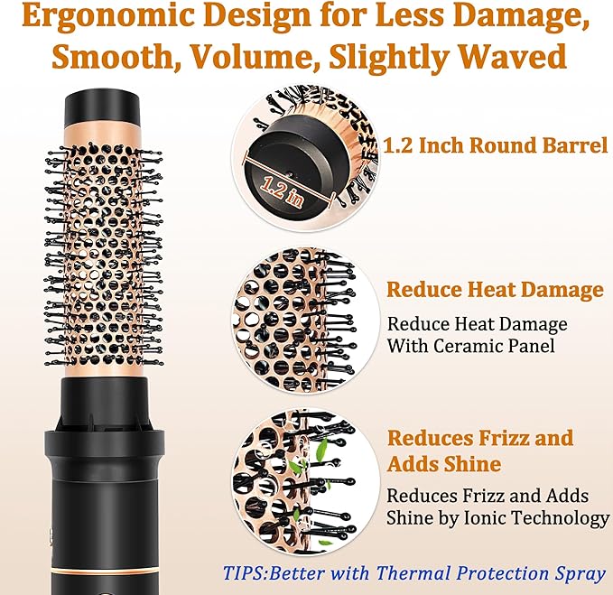 Round Hair Blow Dryer Brush - 1.2 Inch Ceramic Barrel Hair Dryer Brush for Short/Middle Hair, One Step Drying, Volumizing, Straightening and Styling, Negative Ionic Dryer Brush(Black-Brass, 1.2)