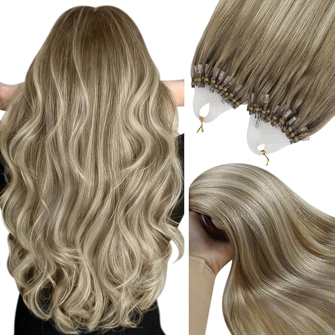 YoungSee Microbead Hair Extensions Ombre Micro Loop Hair Extensions Real Human Hair Balayage Light Brown with Blonde Micro Hair Extension Human Hair Silky Straight for Young Adults 22 Inch 50s 50g