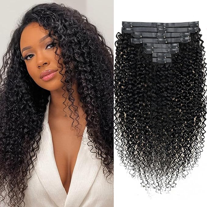 Seamless Clip In Hair Extensions Real Human Hair Invisible PU Weft Kinky Curly Clip Ins Human Hair Extensions 8pcs with 18Clips Per Set 120g(22inch,Natural Black)