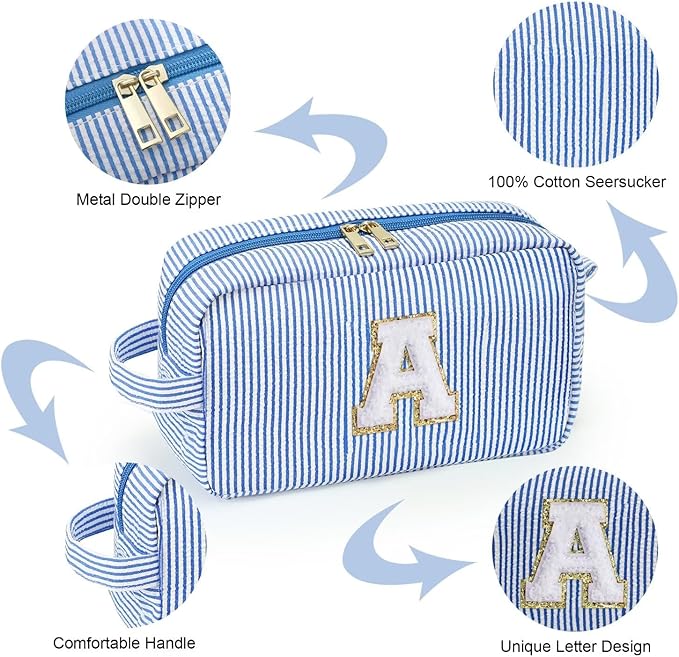 YOOLIFE Initial Cosmetic Bag for Women - Monogram Cute Blue Makeup Bag Cosmetic Toiletry Pouch Make Up Case for Women Her Best Friend Friendship Sister Teacher, Personalized Birthday Gifts for Women I