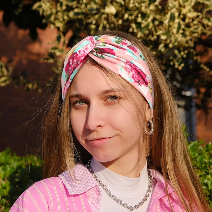 DRESHOW 6 Pack Boho Non-Slip Headbands for Women Girls Yoga Workout Running Knotted Turban Floral Printed Elastic Head Wrap