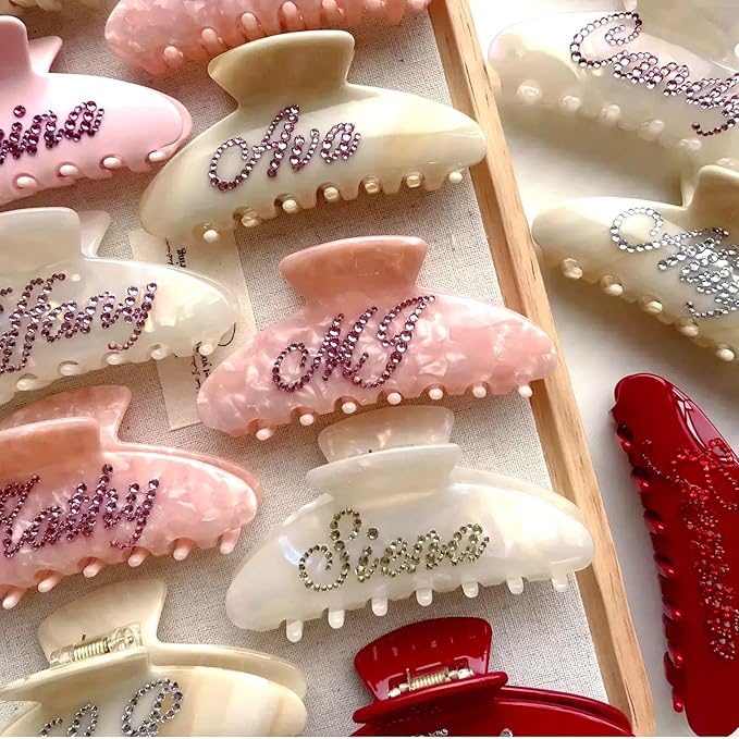 Personalized Colorful Name Hair Claw Clips for Women,Custom Hair Clips with Diamond,Cute Hair Accessories 4",Handmade Rhinestones Hair Clamp Gifts for Mom,Bride,Wife,Bridesmaid,Couples（Shell Pink）