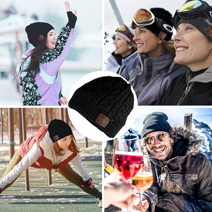 Wireless Music Hat Beanie for Men Women Wireless Headset Headphones Audio Boys Girls Winter Cap with Speaker Mic Hands Free Outdoor Sport Stereo Earphone Earpieces Warm Black