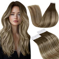 LaaVoo Tape in Hair Extensions Human Hair Ombre Hair Extensions Tape in Balayage Dark Brown to Light Brown Mixed Light Blonde Tape on Extension Real Hair 14inch 20pcs 50g
