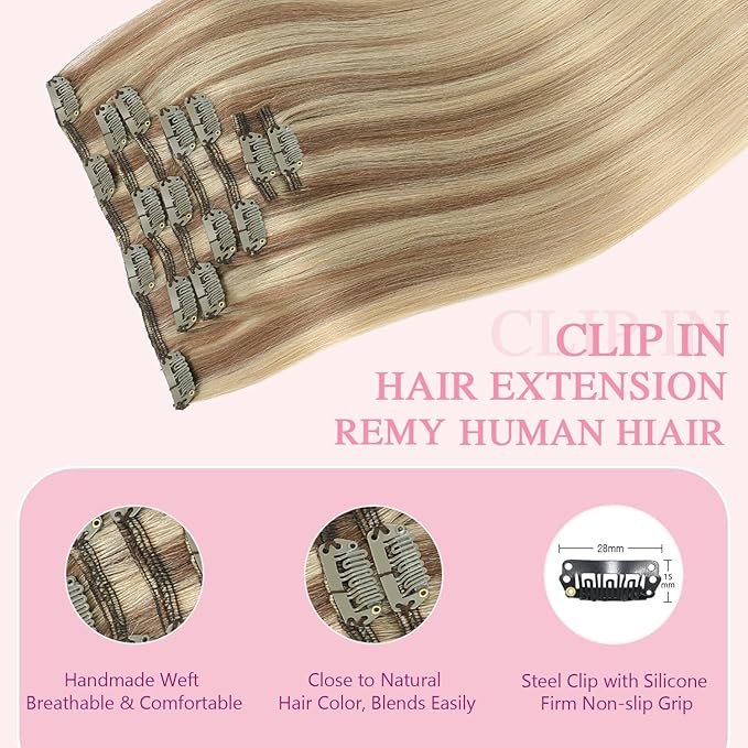 PINKPEARL Clip in Hair Extensions Real Human Hair #10/16/16 Golden Brown to Caramel Blonde Human Hair Clip in Hair Extensions 7pcs 120g 16inch Human Hair Extensios Clip ins(#10/16/16-16)