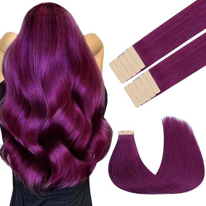 GOO GOO Tape in Hair Extensions Human Hair, Violet, 20inch 30g 10pcs, Colored Tape ins Human Hair Extensions, Silky&Soft Invisible Tape Ins, Hair Highlighted for Party