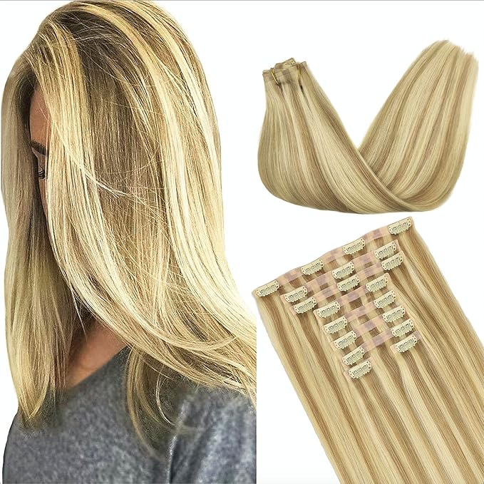 GOO GOO Clip in Hair Extensions Real Human Hair, Remy Human Hair Extensions Clip ins for Women, Natural Human Hair, 24inch 220g 9Pcs, #16/22 Light Blonde Highlighted Golden Blonde