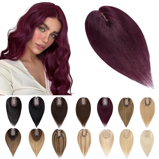 SEGO Human Hair Toppers for Women With Thinning Hair, 7 * 13CM Silk Base 100% Real Human Hair Clip in Top Wiglet Hairpieces /12 Inch No Bangs Wine red