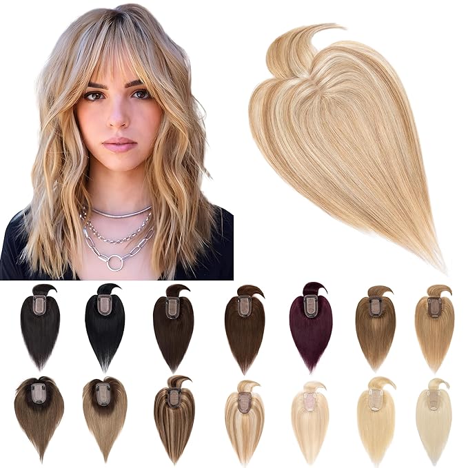 SEGO Hair Toppers for Women Real Human Hair With Bangs, 7 * 13CM Silk Base 100% Remy Human Hair Clip in Top Wiglet Hairpieces Add Volume -6 Inch Golden Brown&Bleach Blonde