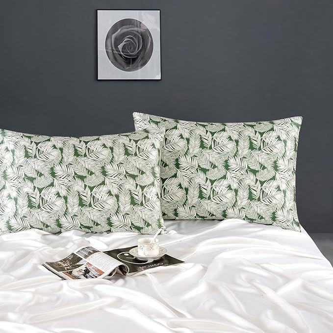 ZIMASILK 100% Pure Mulberry Silk Pillowcase for Hair and Skin Health,Both Sides 19 Momme Silk Floral Print,1pc(Queen 20''x30'',White Leaves)