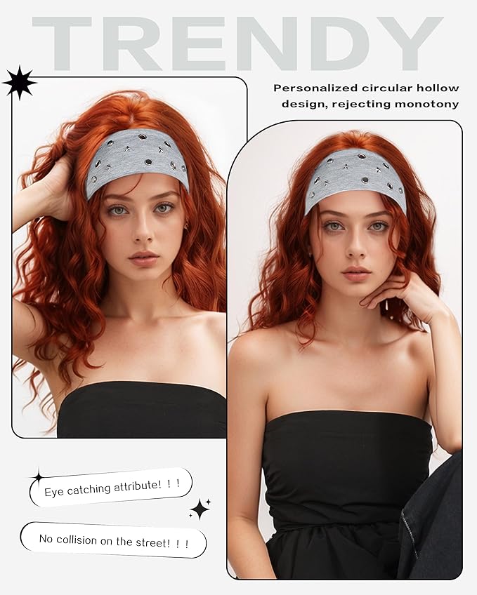 Grommet Headband for Women, Little Star Grey 23cm Hollow Out Elastic Hair Band, Eyelets Punk Grunge Stylish Hairband