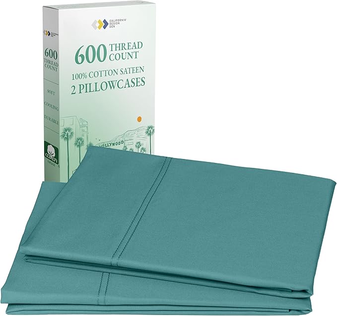 California Design Den Queen/Standard Pillow Cases Set of 2 - Premium 600 Thread Count, Soft 100% Cotton Queen Size Pillow Case, Crisp Sateen, Fits Standard & Queen Pillows - Teal