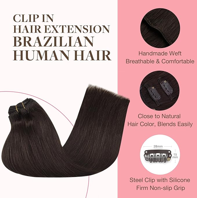 GOO GOO Clip in Hair Extensions Real Human Hair, Remy Human Hair Extensions Clip ins for Women, Natural Human Hair, 24inch 170g 7Pcs, #2A Light Brown
