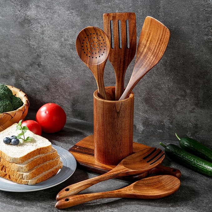 6 PCS Wooden Spoons for Cooking - Teak Wooden Cooking Utensils Set with Holder - Non-Stick, Soft Grip, Ergonomic Design - Natural Finish