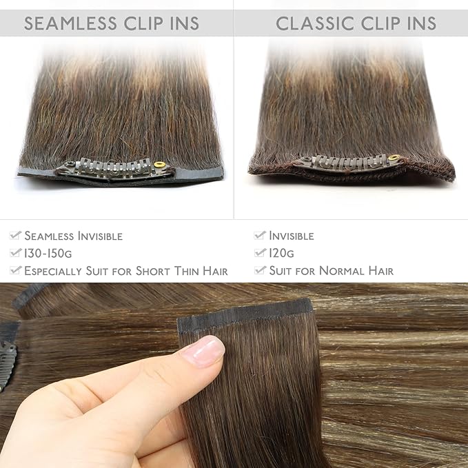 WENNALIFE Seamless Clip In Hair Extensions, 16 Inch 7pcs 130g Balayage Chocolate Brown to Honey Blonde Hair Extensions Clip In Invisible PU Skin Weft Real Human Hair Extensions Clip In