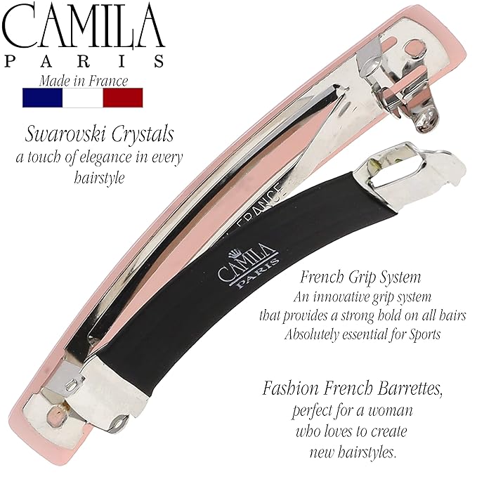 Camila Paris CP3454 French Hair Barrette Clip for Girls Pink, Rubberized Metal Clasp Strong Hold Grip Hair Clips for Women, No Slip Durable and Styling Girls Hair Accessories, Made in France