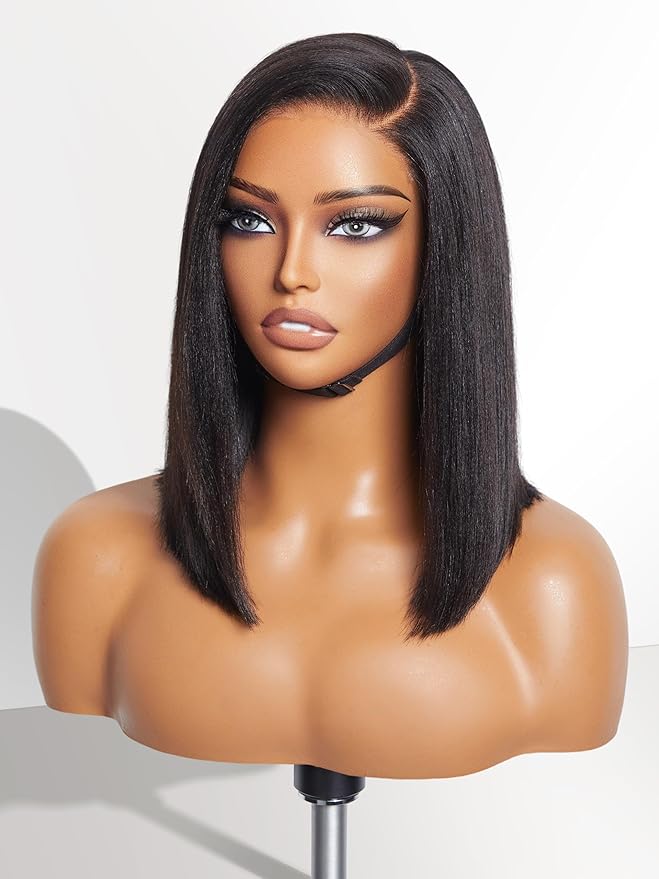 LUVME HAIR 12 Inch Light Yaki Straight Bob Wig Human Hair, Undetectable HD Lace Glueless Bob Wigs Human Hair Pre Plucked, Pre Cut Lace Wig Short Black Blunt Cut Bob Wigs