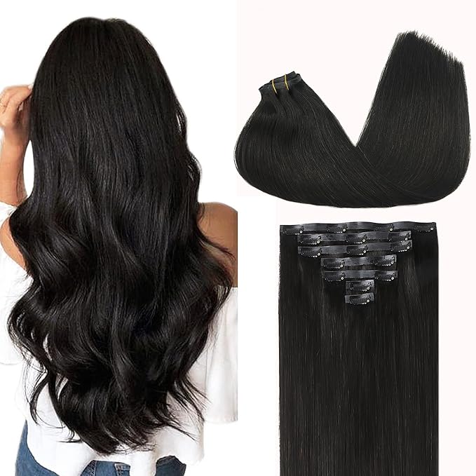 GOO GOO Clip in Hair Extensions Real Human Hair, Remy Human Hair Extensions Clip ins for Women, Natural Human Hair, 14inch 110g 7Pcs, 1B Natural black
