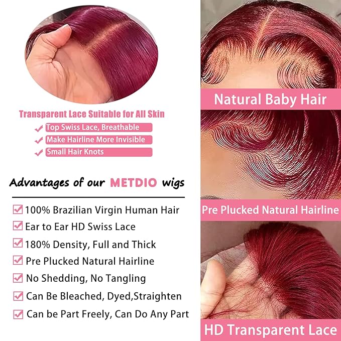 99J Burgundy wig human hair 13x4 body wave lace front wigs human hair 180 Density Pre Plucked Glueless Wine red colored lace front wig for Women 26inch