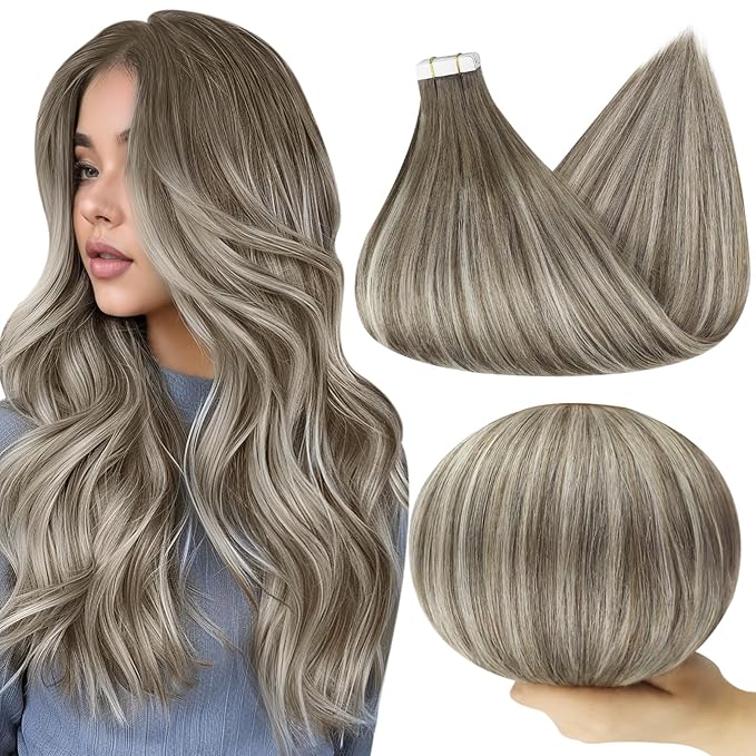 Full Shine Real Hair Extensions Tape in 14 Inch Balayage Brown Ombre Ice Blonde 7/1000/7 Invisible Tape in Hair Extensions Double Sided Tape Soft Natural Hair Extensions 20 Pcs 50G