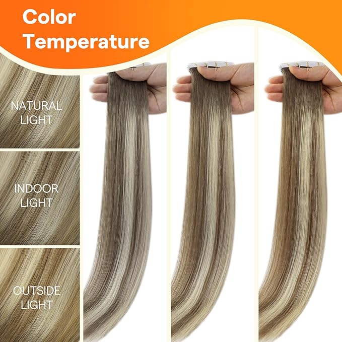 Full Shine Machine Remy Tape in Hair Extensions 20 Inch Color 4/24/4 Brown Fading to Blonde and Brown Real Skin Weft Tape in Extensions Human Hair 50G Double Sided Brazilian for Wedding 20Pcs
