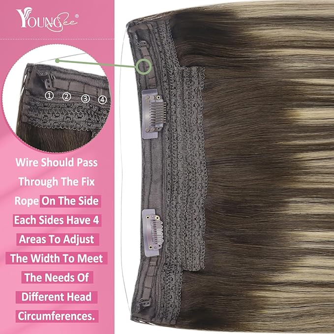 YoungSee 100G Wire Hair Extensions Brown Balayage Invisible Wire Hair Extensions Human Hair Ombre Dark Brown with Ash Blonde Fish Line Human Hair Extension Ease of Use 20Inch