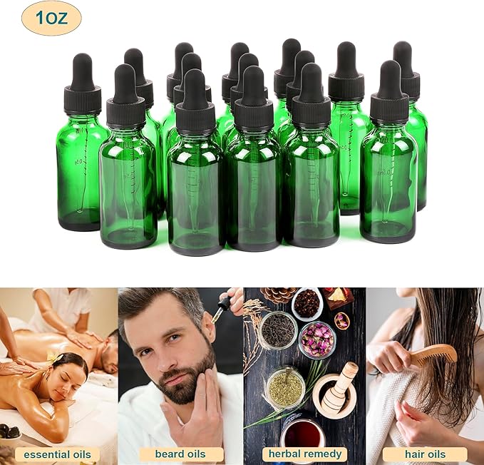24 Pack,1oz Glass Dropper Bottle,Green Tincture Bottles with Dropper,Pretty Finish for All Kinds of Liquids,Oil Bottles for Hair- Stronger Suction ideal for Leakproof Travel