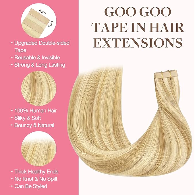 GOO GOO Tape in Hair Extensions Human Hair, 18D/22F Dirty Blonde Highlights, 18inch 50g 20pcs, Skin Weft Seamless Invisible, Silky Straight with Thick Ends, Remy Human Hair
