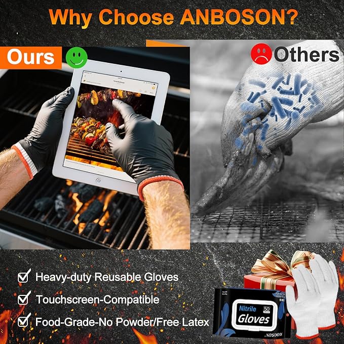 50 Disposable Black Nitrile Gloves, Heat Resistant Gloves for Cooking/BBQ/Cleaning, Powder Latex Frees Meat Food Prep Grilling Smoking Guantes - Large