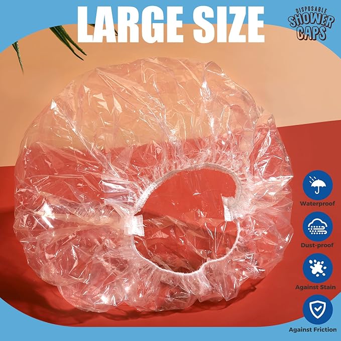 LEOBRO Shower Caps, 60PCS Large Disposable Shower Caps for Women, Plastic Shower Cap, Plastic Cap for Hair Treatment, Travel, Large Size 19.3 INCH