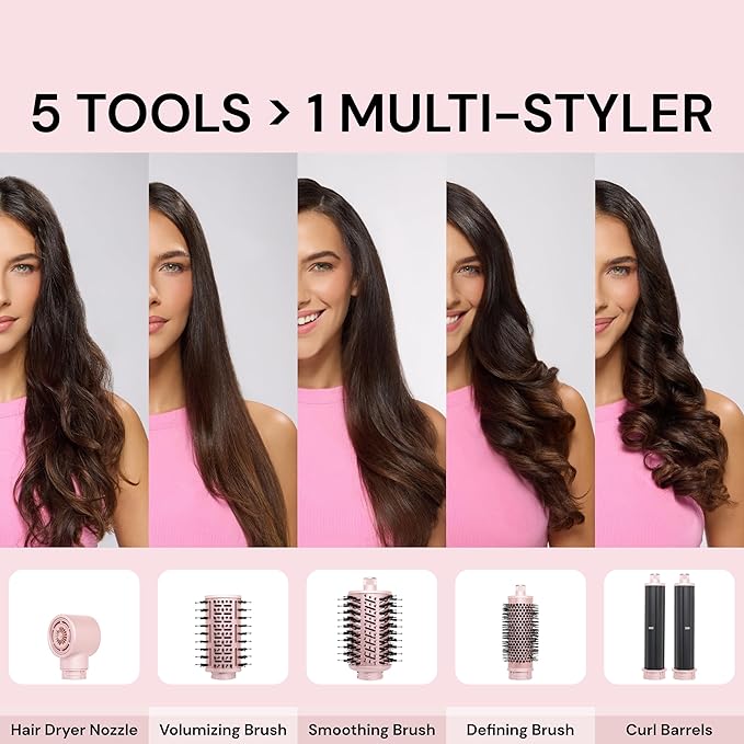 L'ANGE HAIR TurboStyle All-in-One Air Styling & Drying System | 5-in-1 Attachments with Auto-Wrap Curlers & Volumizing Brush | Fast-Drying Brushless Motor Dryer | Dual Voltage | All Hair Types (Blush)
