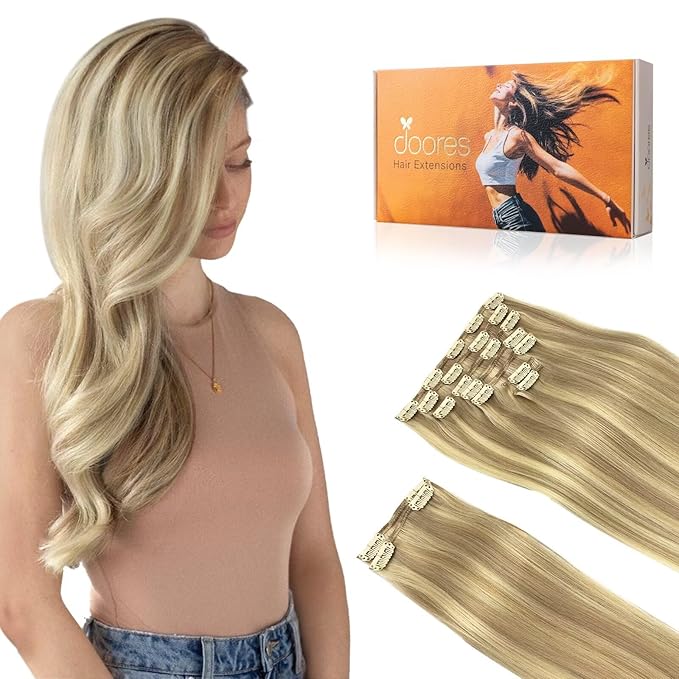 DOORES Hair Extensions Clip in Human Hair, Light Blonde Highlighted Golden Blonde 150g 9pcs 22 Inch, Clip in Hair Extensions Human Hair Extensions Human Hair Natural Straight Thick Human Hair