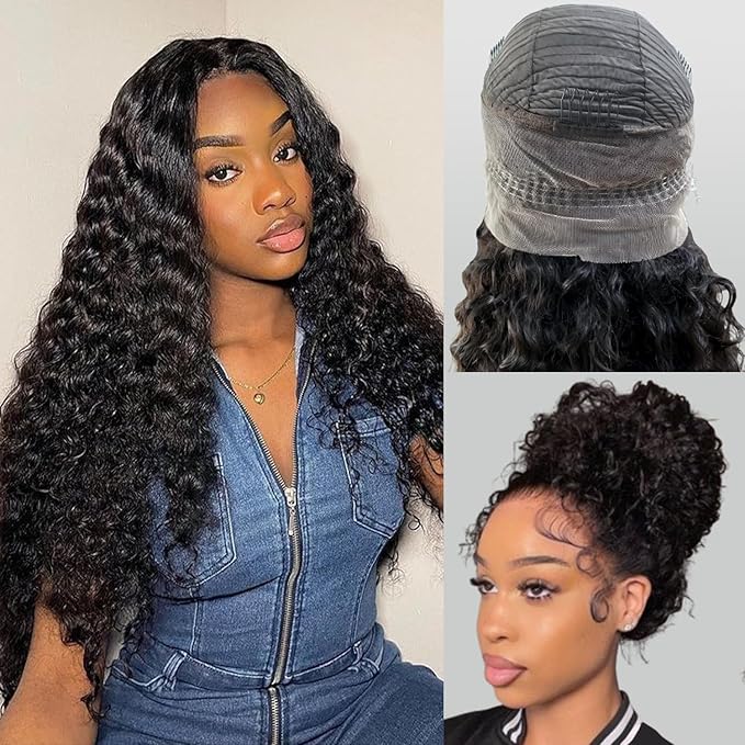 360 Glueless Wigs Human Hair 28 Inch Pre Plucked Hidden Strap Deep Wave Lace Front Human Hair Wigs With Drawstring 180 Density Wet and Wavy HD Full Lace Front Wigs Human Hair