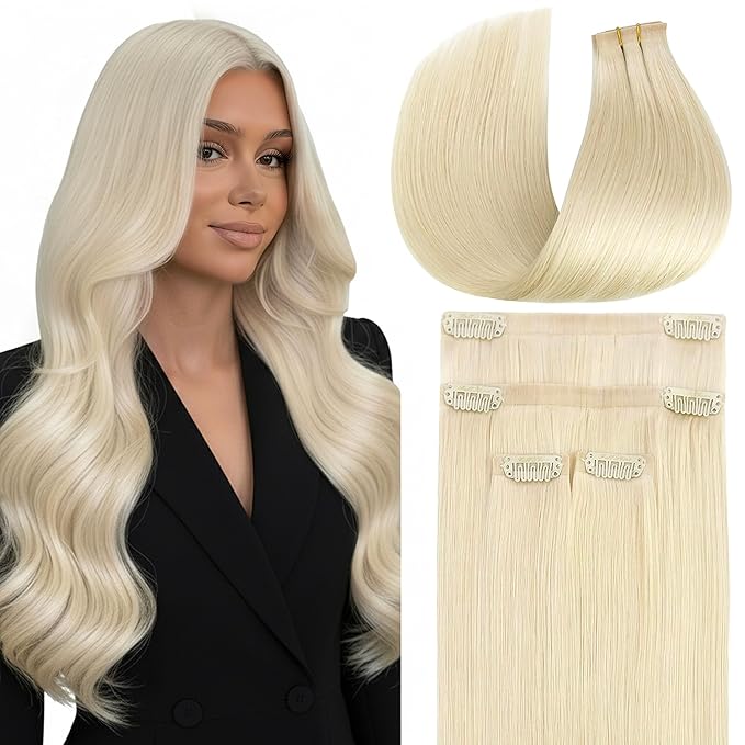 Full Shine Blonde Seamless Hair Extensions Clip Ins, Color 1000 Blonde Seamless Clip in Hair Extensions Human Hair, PU Weft Invisible Straight Remy Hair Add Volume&Coverage, 4Pcs 12 Inch 55 Grams