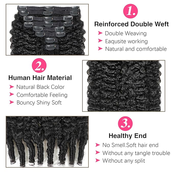 Burmese Curly Clip in Hair Extensions #1B Natural Black Color Curly Clip ins For Women Brazilian Virgin Clip on Hair(26inch,#1B)