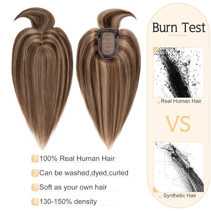 SEGO Hair Toppers for Women Real Human Hair With Bangs, 7 * 13CM Silk Base 100% Remy Human Hair Clip in Top Wiglet Hairpieces Add Volume -12 Inch Medium Brown&Dark Blonde