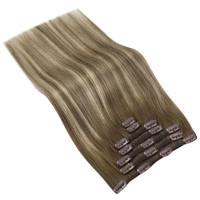 Ve Sunny Clip in Hair Extensions 22inch Real Hair Clip in Extensions Ombre Human Hair Extensions Clip ins Dark Brown to Light Brown with Blonde Balayage Winter Clip on Hair Extensions 120g 7pcs