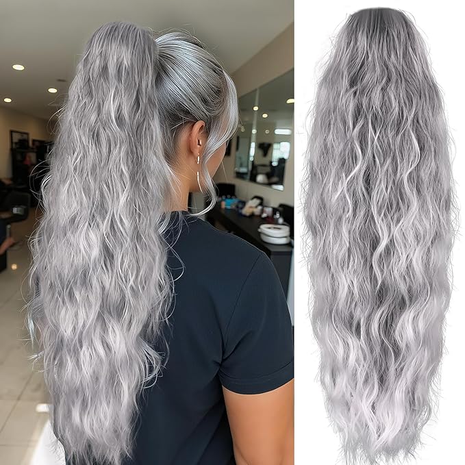 LEEONS 26 inch Drawstring ponytail Extension, Long Wavy pony tails hair extensions for Women - Synthetic Hairpiece Ponytail for Daily Use (Light Silver mixed Grey)