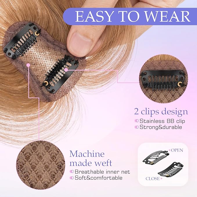 Hairro Clip On Bangs Human Hair Bangs Hair Clip In Bangs 3D 360°Cover Topper With Bangs Wispy Air Bangs Hair Pieces Fake Bangs For Women 8 Inches 10g #06 Light Brown