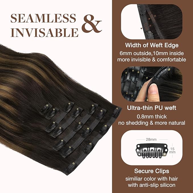 GOO GOO Clip in Hair Extensions Real Human Hair, Remy Human Hair Extensions Clip ins for Women, Natural Human Hair, 18inch 130g 7Pcs, 2/6/2 Balayage Dark Brown to Chestnut Brown
