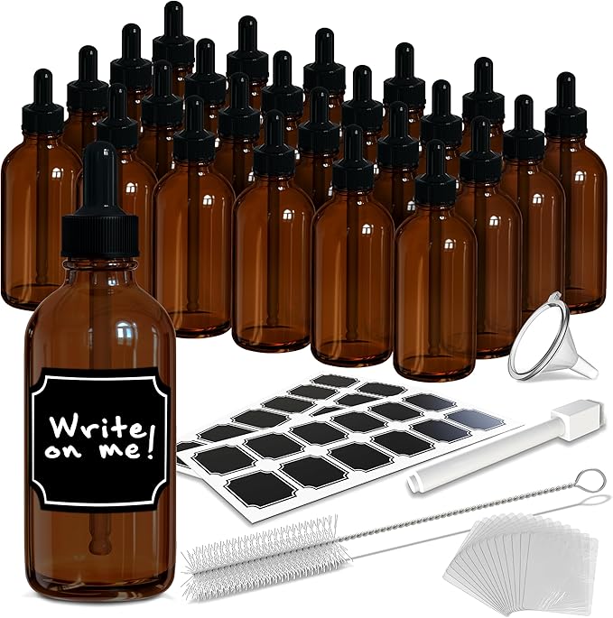 Nevlers 4 oz Amber Glass Dropper Bottle 24 Pack | Glass Tincture Bottles with Dropper for Oils, Medicine & Serums | Leakproof Amber Bottles Set w/Label Stickers, Marker, Funnel, Brush & Shrink Wrap