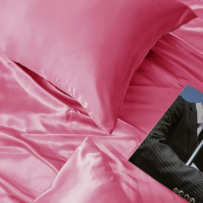 Peach Red Satin Pillowcase Standard Set of 2 with Envelope Closure，Peach Red Silk Pillowcase for Hair and Skin (20x26)
